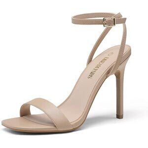 Women’s Nude High Stilettos Open Square Toe Ankle Strap Comfortable Sandals Heel